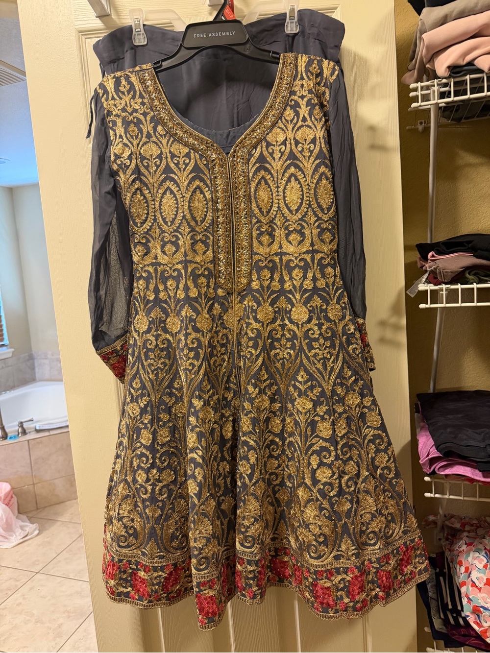 Grey -Gold zari Embroidered Anarkali Sharara set. 34B/C, petite 5.2 with heels